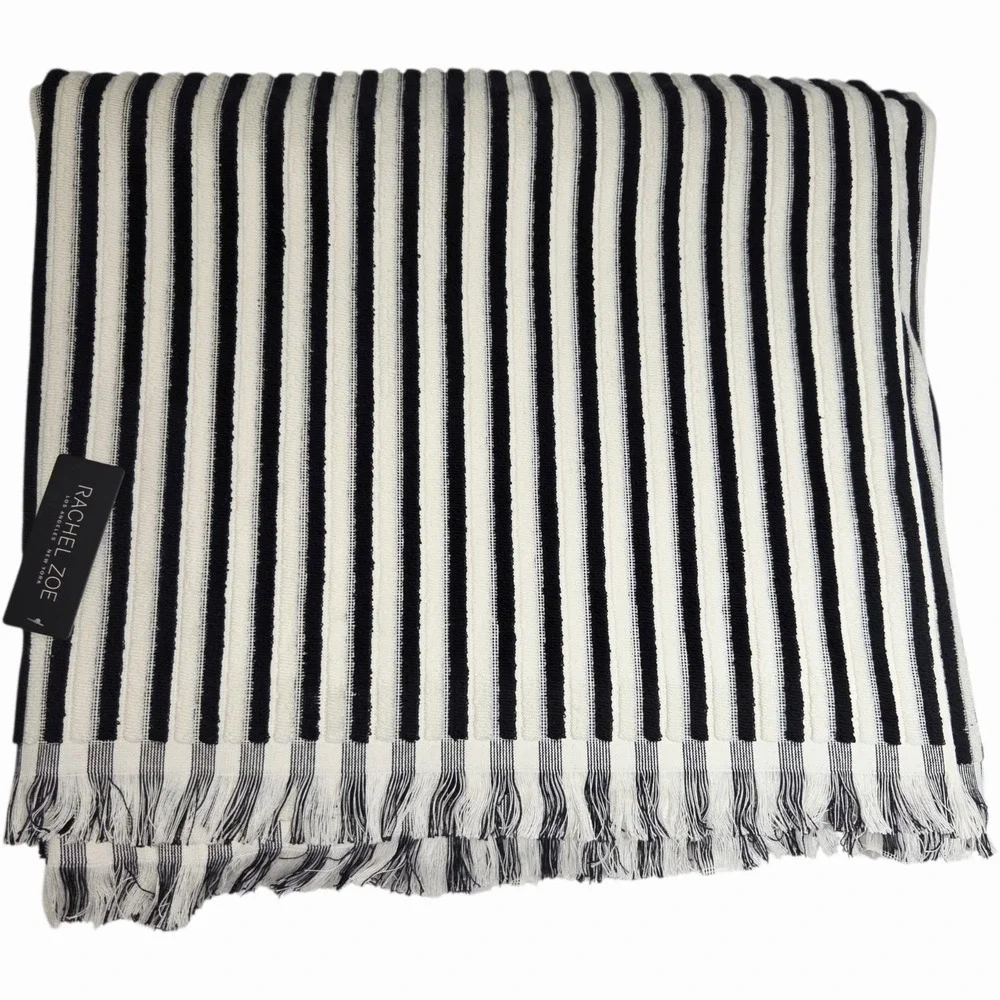 Rachel Zoe Cream Black Striped Fringe Oversized Beach Towel 40x70 Spring Summer
